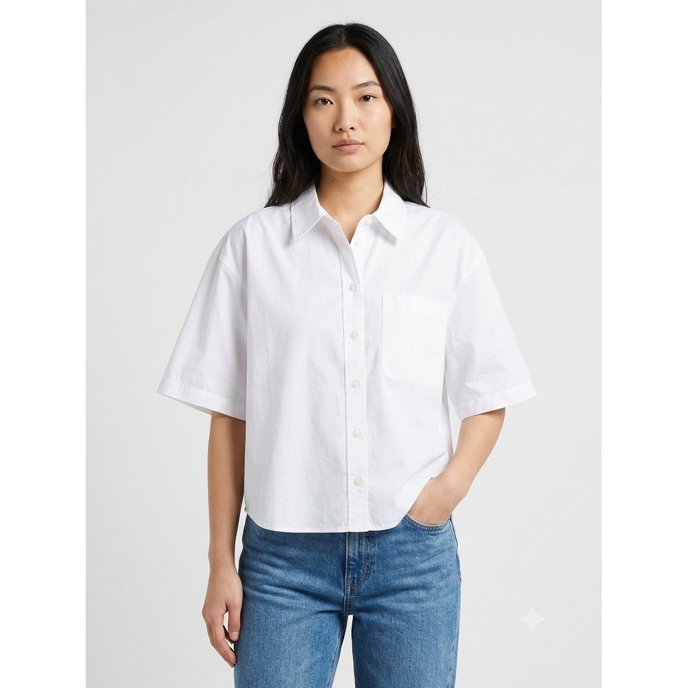Madewell Top XS White Straight Hem Short Sleeve Shirt in Poplin Button NZ454